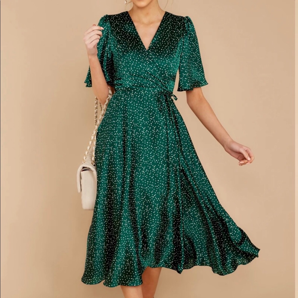 Red Dress Boutique Emerald Green Polka Dot Wrap Midi Dress